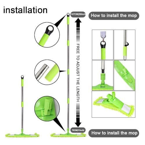 Dust Mop for Floor Cleaning with 2 Washable Chenille Pads and Extendable 58” Long Handle, Dry Wet Flat Mop with Scouring Pad for Hardwood, Laminate, Tile, Marble (Green)