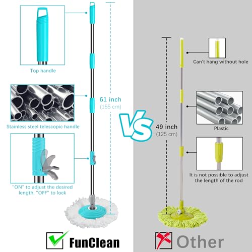 FunClean Spin Mop and Bucket for Home Cleaning, 360° Rotating Floor Mop with Wringer, Adjustable 61" Handle for Back Pain Relief, 6 Microfiber Replacement Heads, 2 Easy-Move Wheels - Blue
