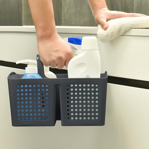 PAKCHOICE Portable Shower Caddy Basket with Wood Handle, 3-Compartment Bathroom Organizer Tote with Drain Holes, Plastic Shower Basket for Dorm, Toiletries, Cleaning Supplies, Dark Gray
