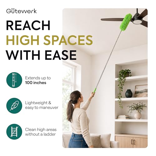 Gütewerk Extendable Microfiber Duster, 100 Inch - Feather Dusters for Cleaning Ceiling Fans, Blinds, Baseboards & High Ceilings - Washable, Electrostatic, 360° Bendable Head, Stainless Steel Pole