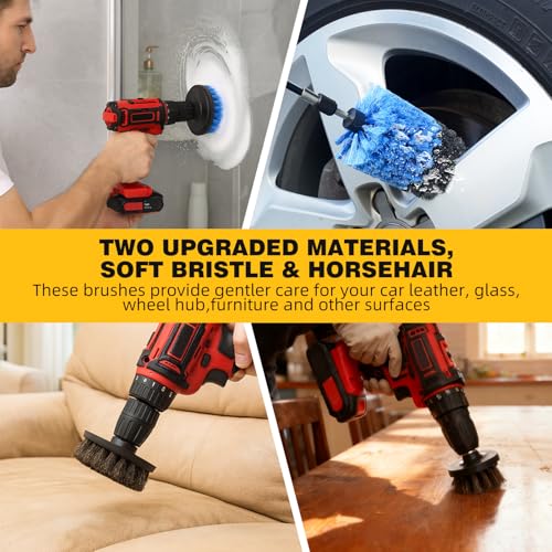 TOWBRUS 9 Pcs Drill Brush Attachments Set Fluffy Soft and Hard Bristles Horsehair Brush Cleaning Kit for Home Bathroom Car Kitchen Corners Sink Stubborn Stains Tiles