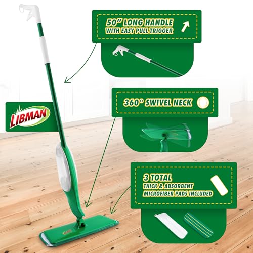 Libman Freedom Spray Mop Kit, Microfiber Wet Mops for Floor Cleaning, Hardwood, Laminate, Tile Cleaner, Household Tool, 24 Oz Solution Tank, Two Extra Replacement Refill Heads Included