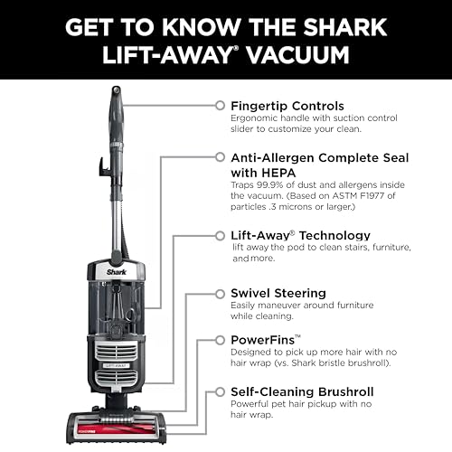 SHARK UV730 Navigator Lift-Away Upright Vacuum, PowerFins HairPro Self-Cleaning Brushroll, HEPA Filter with Anti-Allergen Technology, LED Headlights, Swivel Steering, Gray