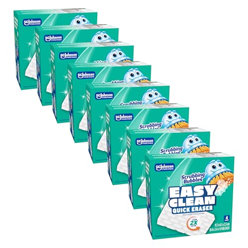 Scrubbing Bubbles Easy Clean Quick Eraser, Multipurpose Durable Bathroom Cleaner Sponge for Shower and Tub Tiles, Sinks, Faucets, Counters, Toilets, Glass Doors & More, 8 Pack Case (32 Erasers Total)