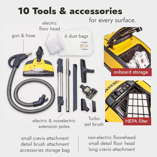 Vapamore MR-500 Vento Canister Vacuum, Professional-Grade Vacuum System with Turbo Pet Brush, Adjustable Suction, Extended Reach and 26’ Power Cord