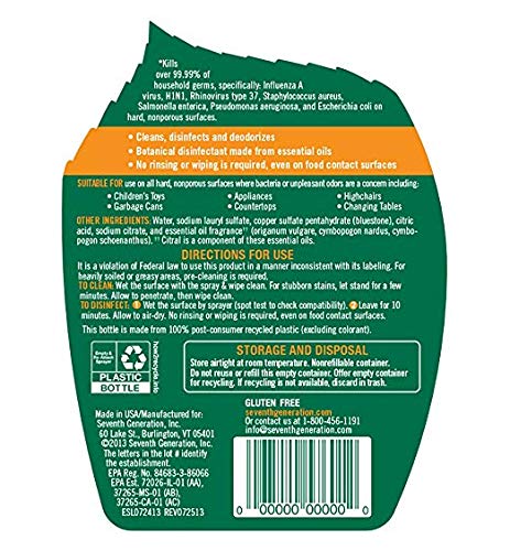 Seventh Generation Botanical Multi-surface Disinfecting Cleaner, Lemongrass Citrus, 26 fl oz (3 pack)