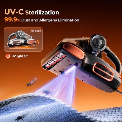 JIGOO T600 Bed Vacuum Cleaner with UV-C Light, 15Kpa Suction 700W Powerful Double Cup Handheld Vacuums, Mattress Vacuum Cleaner with Smart Dust Sensor, Ultrasonic & Heating Tech, HEPA Filter - Corded