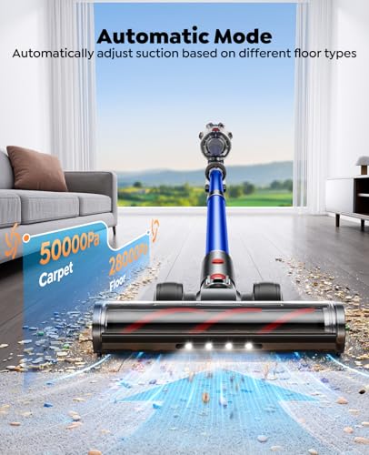 Cordless Vacuum Cleaner with 2 Batteries, 130 Mins/50KPa/600W Stick Vacuum Cleaners for Home with 3.3Ft Hose, Sofa Brush, TouchScreen AUTO-Mode, Wall Mount Charging, Scented, for Floor/Carpet/Pet Hair