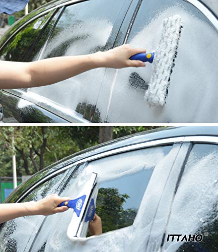 ITTAHO Window Squeegee with Extension Pole, Separate 12" Squeegee & 11" Microfiber Scrubber Heads, Window Cleaning Kit for Hard-to-Reach Windows, Shower Doors, Car Windshields, Indoor Outdoor-2 Pads