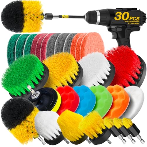 Holikme 30Pack Drill Brush Attachments Set,Scrub Pads & Sponge, Power Scrubber Brush with Extend Long Attachment All Purpose Clean for Grout, Tiles, Sinks, Car Polishing Pads,Bristle Discs