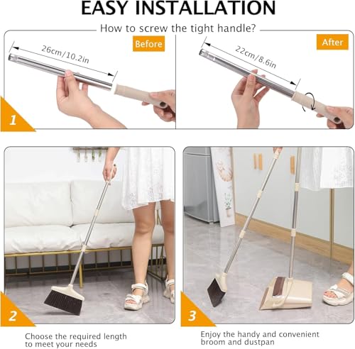 XXFLOWER Broom and Dustpan Set with Long Handle, Light Weight Stainless Steel Poles Stand Upright Dustpans with Broom Combo for Home Kitchen Office Pet Dog Hair, Brown & Beige Color, 1-Pack