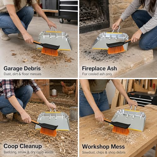 PHYEX 17" Heavy Duty Metal Dust Pan with Brush Set, Large Wide Mouth Dustpan with Stiff Bristle Cleaning Brush for Garage, Yard, Fireplace Ash, Wood Stove, Workshop and Outdoor Cleanup, Silver