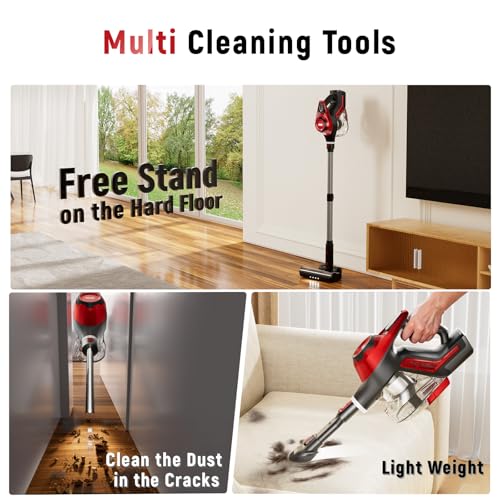Cordless Vacuum Cleaner for Home, Stick Vacuum 45Kpa, Smart Display & 1.5L Dust Cup, MAX 40mins Runtime, Rechargeable Lightweight Handheld Vavuum for Pet Hair/Carpet/Hardwood Floor/Car (Crimson)