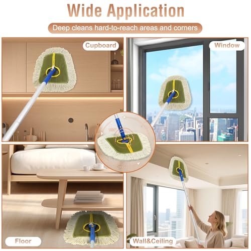 Commercial Dust Mop for Hardwood Floors Cleaning,Industrial Dry Mop Broom with 2 Replacement Wedge Cotton Mop Pads for Walls,Hardwood,Laminate, Vinyl,Tile,Home,Warehouse Floor Duster,Green