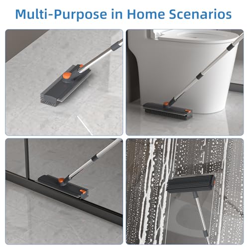 Scrub Brush with Long Handle, Floor Scrub Brush Squeegee Broom for Cleaning, 3 in 1 Shower Scrubber Floor Broom Squeegee for Concrete Tile Wall Deck Patio Grey