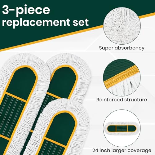 24 Inch Commercial Dust Mop for Floor Cleaning-Heavy Duty Dry & Wet Push Broom with 3 Washable Pads, 57" Handle & 360° Swivel Floor Duster for Hardwood, Laminate, Vinyl Floors & Warehouse