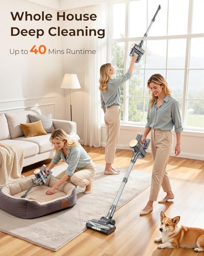 N8 Cordless Vacuum Cleaner,Lightweight Stick Vacuum with Powerful Suction,2200mAh Battery,40 Mins Runtime, Self-Standing,Rechargeable Vacuum Cleaners for Home Hardwood Floor Carpet Hair (Champagne)