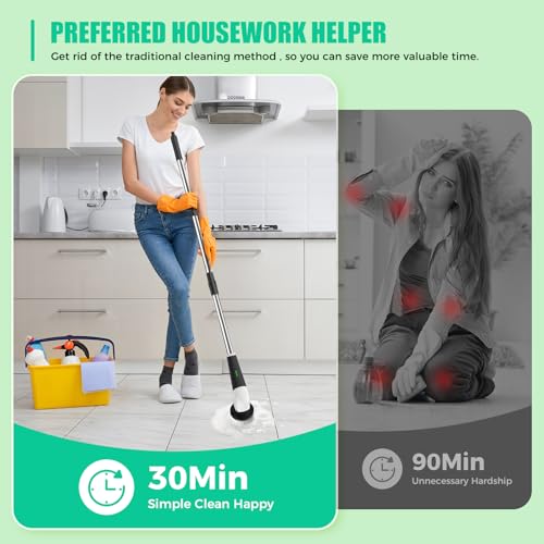 YKYI Electric Spin Scrubber, Cordless Power Scrubber Cleaning Tool with 8 Replaceable Heads and Extension Handle for Bathroom, Tub, Tile, Floor, Grout and Car (White)