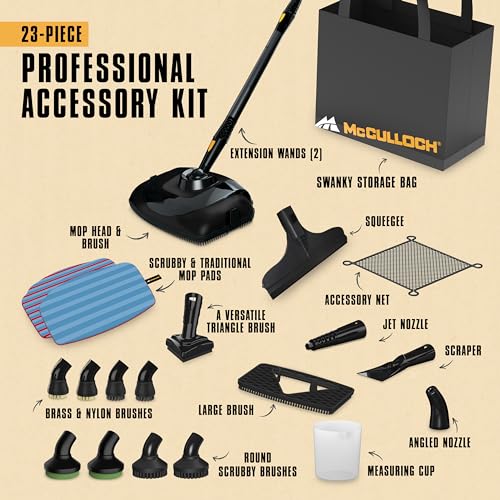 McCulloch MC1385 Deluxe Canister Steam Cleaner, 2-Hour Runtime, Chemical-Free, 23 Accessories: Mop Head, Brushes & More - Built for Home, Tile, Carpet, Furniture, & Personal Car Detailing