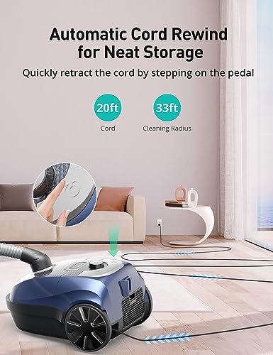 Aspiron Canister Vacuum, 1600W/40Kpa Canister Bagged Vacuum,4QT Dust Bag, H13 HEPA Filter, 5 Tools, Pet-Friendly,Variable Power Control,for Carpets, Hardwood Floors, Stairs, Pet Hair, Household,Car