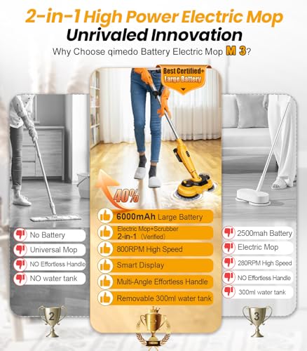 qimedo 6000mAh Battery Cordless Electric Mop M3 Pro, 800RPM Electric Power Scrubber & Mops for Floor Cleaning, Automatic Spin Mops with Smart Display,Rotating Mop with LED Light & Water Spray
