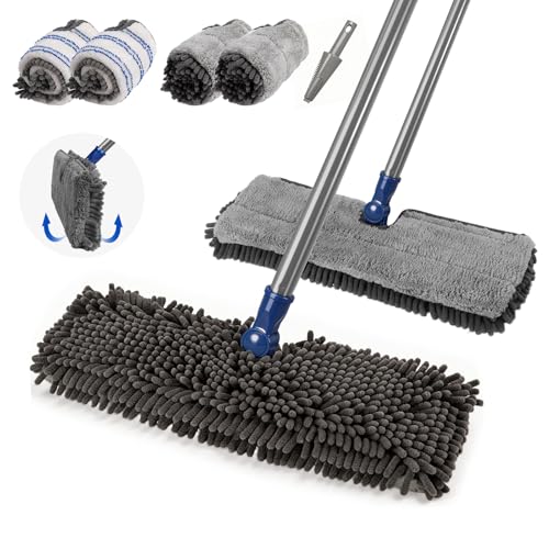 Masthome Microfiber Flat Mop, 16" Wide Floor Mop with 4 Reusable Pads & Hair Scraper, 360° Swivel Dual Sided Flip Mops, Wet Dry Dust Mop for Hardwood, Laminate, Tile, Pet Hai
