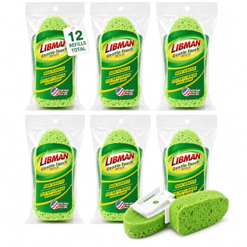 Libman 1131 Gentle Touch Dish Wand Refills, Non-Scratch Cellulose Sponge Heads with Scraper, Fits Libman #1130 Foaming Dish Wand, Made in USA, 12 Refills Total