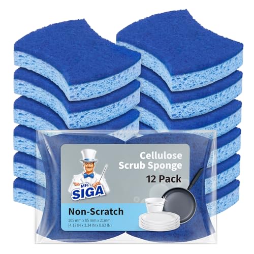 MR.SIGA Non-Scratch Cellulose Scrub Sponge, Dual-Sided Dishwashing Sponge for Kitchen, 12 Pack