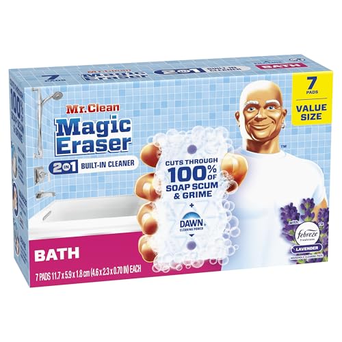 Mr. Clean Magic Eraser Sponge, Bathroom Cleaner, Shower Cleaner, Tub Cleaner, Soap Scum Remover, Bathroom Cleaning Supplies, Dawn Cleaning Power with Febreze Lavender Scent, 2 in 1 Bath, 7ct