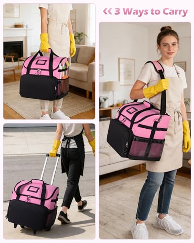 Marscamd Large Rolling Cleaning Caddy Bag with Detachable Trolley, Cleaning Supplies Organizer with Wheels for Housekeepers, Pink