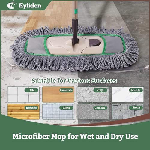 Eyliden Pro Dust Mop for Floor Cleaning | Dry Mop with 3 Reusable Microfiber Pads, Pet Hair Removal, Spill Absorption | One-Click Replacement, Telescopic Handle for Home and Commercial Use, Grey+Green