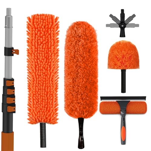 SISUPASSIE 30FT Reach High Ceiling Duster Kit, Window Cleaning kit with 5-24FT Extension Pole, Fan Duster for Ceiling Fan Blades, Microfiber Feather Duster, Rotatable Window Squeegee and Cobweb Duster