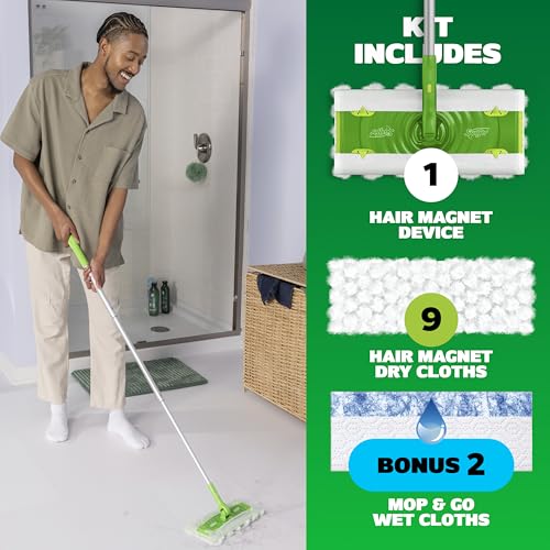 Swiffer Hair Magnet Deluxe Starter Kit with Collapsible Pole, 9 Hair Magnet Dry Cloths, 2 Bonus Mop & Go Wet Cloths