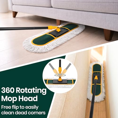 24 Inch Commercial Dust Mop for Floor Cleaning-Heavy Duty Dry & Wet Push Broom with 3 Washable Pads, 57" Handle & 360° Swivel Floor Duster for Hardwood, Laminate, Vinyl Floors & Warehouse