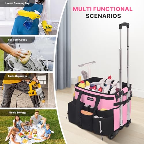 JKAOO Large Rolling Cleaning Caddy Bag with Detachable Trolley, Waterproof Cleaning Caddy on Wheels for Housekeepers, Cleaning Cart Supplies Organizer for Home,Car,Office,Picnic (Pink) (Patented)
