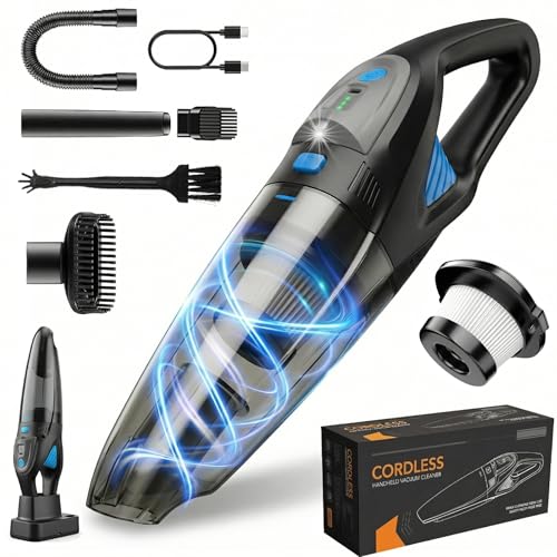 Handheld Vacuum Cordless, 25000Pa Powerful Suction Car Vacuum Portable Cordless with 8000mAh Battery & LED Light, Hand Held Vacuum Rechargeable with HEPA Filters, Home, Car Seats, Pet Hair Blue