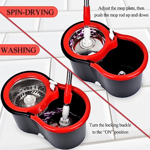 Spin Mop and Bucket with Wringer Set, 360° Spinning Mop Bucket System with 3 Microfiber Mop Replacement Heads and 61" Stainless Steel Adjustable Handle for Floor Cleaning