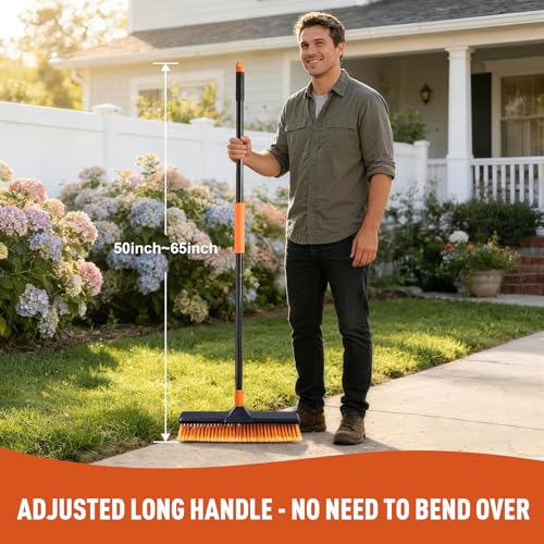 CLEANHOME 18" Push Broom Outdoor for Floor Cleaning with Extendable Long Handle, Stiff Bristle Heavy Duty Broom for Bathroom, Kitchen, Tub, Tile, Patio, Deck, Concrete, Industrial