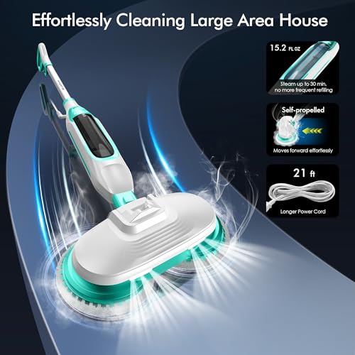 Angtra Scrubbing Steam Mop with Rotating Mop Pads, All-in-One Hard Floor Cleaner with LED Headlights, Steam & Spin Control, 6 Soft Scrub Pads, Swivel Steering, FS07