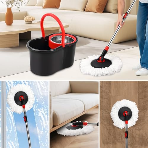 Spin Mop and Bucket, Mop and Bucket with Wringer Set for Home, 360 Spinning Mop Bucket Floor Cleaning Tool with One Microfiber Mop Replacement Head Refills,50" Extended Handle for Floor Cleaning Home