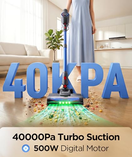 Slivamo S10 Cordless Vacuum Cleaner, 40KPA/500W/45Mins, LED Display, 8-in-1 Lightweight Stick Vacuum Cleaners for Home with Green LED Light, 6-Stages Filtration, Self-Standing Design, Blue