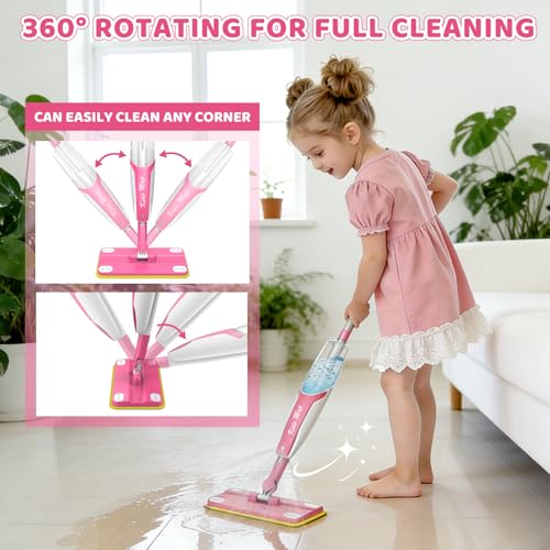 Bluocean Kids Spray Mop - 30 Inch, 420ml Large Water Tank, Effective Cleaning Tool & Fun Montessori Toy, Pretend Play Housekeeping Set Toddlers Love (Magenta)