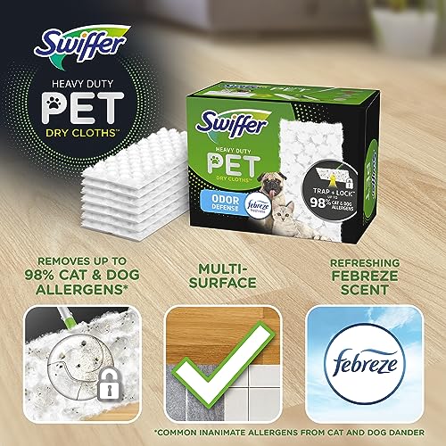 Swiffer Sweeper Pet Heavy Duty Dry Multi-Surface Cloth Refills for Floor Sweeping and Cleaning, Febreze Freshness, 10 Count