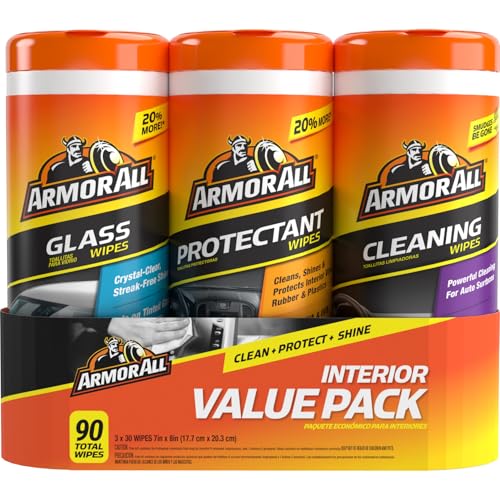 Armor All Car Interior Value Pack, 90 Count, Includes Auto Glass Cleaner, Cleaning Wipes and Protectant Wipes