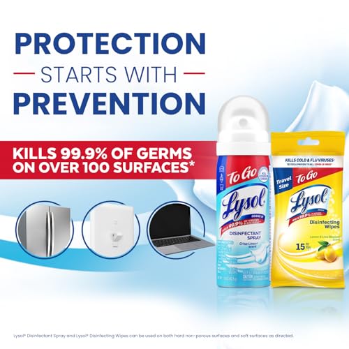 Lysol To Go Bundle - 1.5 Ounce Crisp Linen Disinfectant Spray and Lemon Lime Disinfecting Wipes Flat Pack
