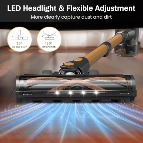 NuYupo Cordless Vacuum Cleaner, 10-in-1 Lightweight Stick Vacuum with 45mins Runtime, Powerful Suction, LED Touch Screen, Rechargeable Vacuum Cleaners for Home Hardwood Floor Carpet Pet Hair (Gold)
