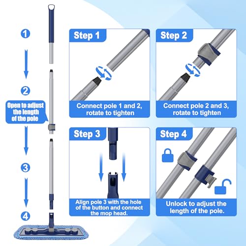 FORSPEEDER Microfiber Mops for Floor Cleaning - Dust Mop for Hardwood Floors with 55” Adjustable Handle 3 Thickened Washable Pads - Wet Dry Mopping for Pet Hairs Walls Tile Wood Laminate Home Kitchen