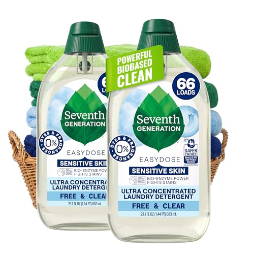 Seventh Generation Ultra Concentrated Free & Clear Laundry Detergent, 23.1 fl oz, 2 Pack, No Dyes or Fragrance, EasyDose Cap, Sensitive Skin Liquid Laundry Soap Targets Stains and Everyday Messes