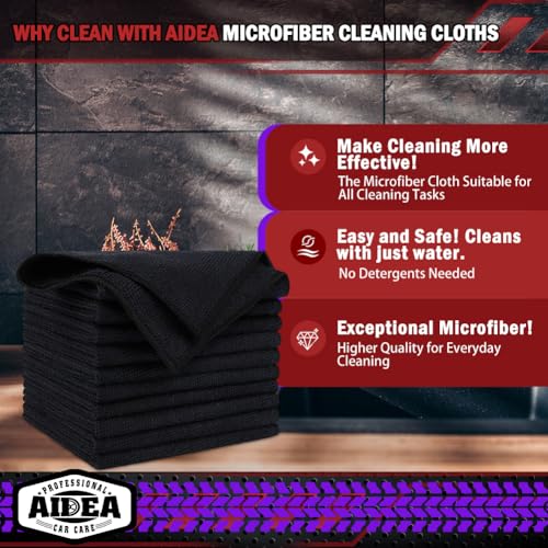 AIDEA Microfiber Cleaning Cloth Black 10PK, Microfiber Towels for Cars, Premium Wash Cloths, Dusting Cloth Lint Free Cleaning Rags for SUVs, House, Kitchen, Window, Cleaning Supplies12×12"