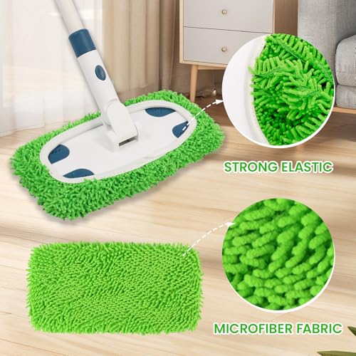 ZHAYAO Reusable Microfiber Floor Mop System, Wet & Dry Sweeper Kit, Includes 1 Sweeper Handle, 3 Washable Chenille Mop Pads, Dry & Wet Use for Hardwood, Tile, and Laminate Floor, Blue